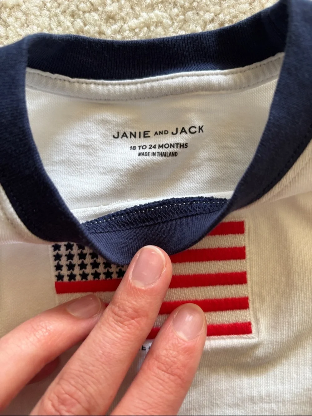 Janie and Jack White Short-Sleeve Tee with Navy Trim and Flag Patch